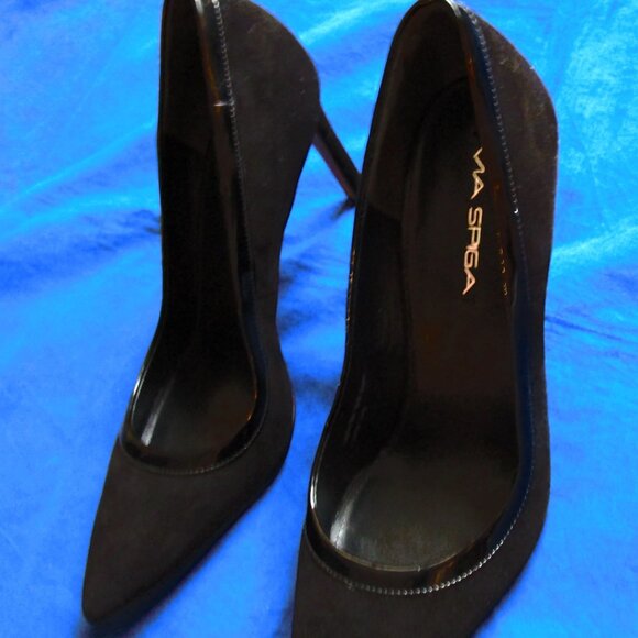 VIA SPIGA BLACK SUEDE HIGH HEEL SHOES-8.5M-NEW-W/LEATHER ACCENT-W/ORIGINAL BOX - Picture 2 of 13